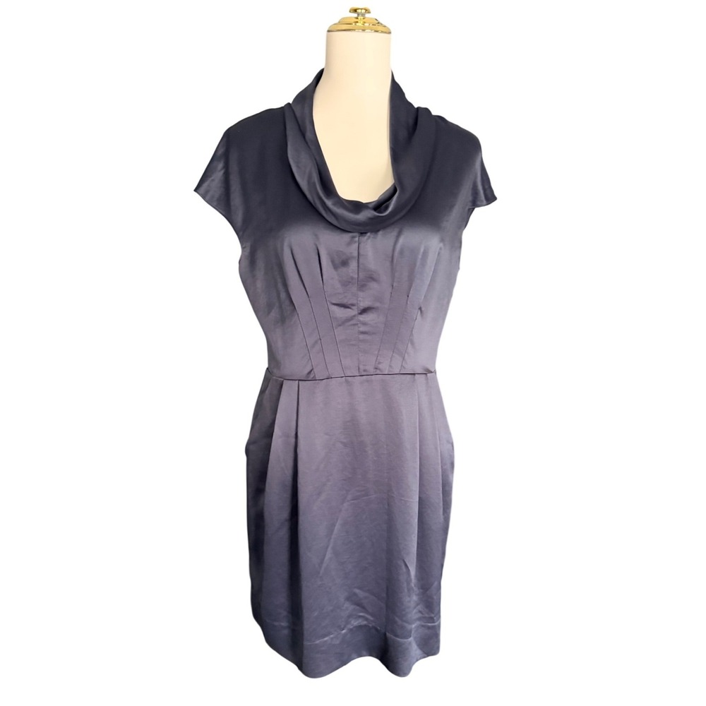 BCBGeneration M Grey Smoke Cowl Neck Dress Pockets Pleated Career Cocktail